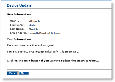Device Update dialog box displaying User Information and Card Information